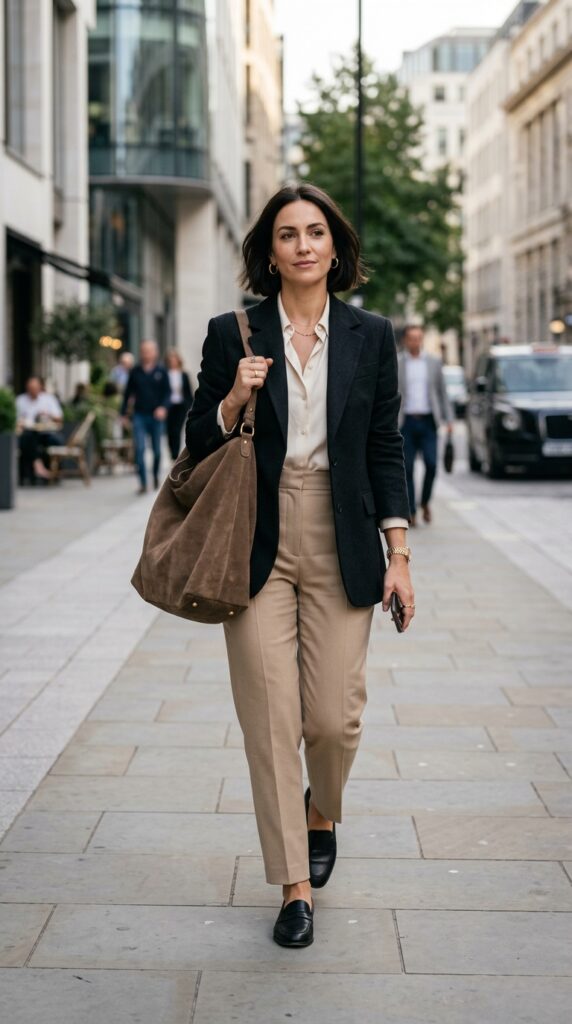 Woman in an office chic outfit with a slouchy suede bag, tailored look, neutral tones, and a modern professional aesthetic