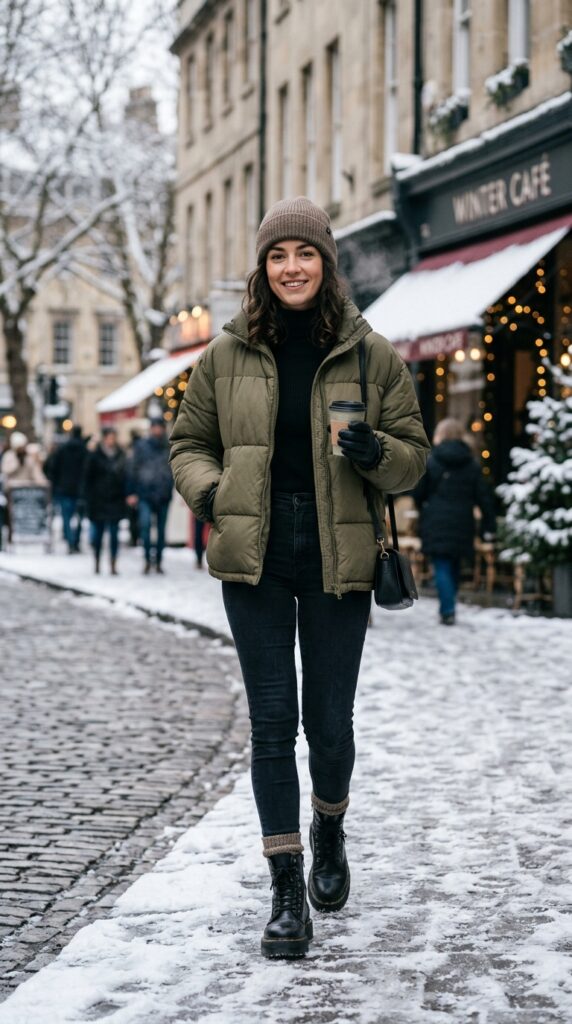 Woman in a puffer jacket outfit, cozy winter look, neutral tones, and a sporty stylish aesthetic