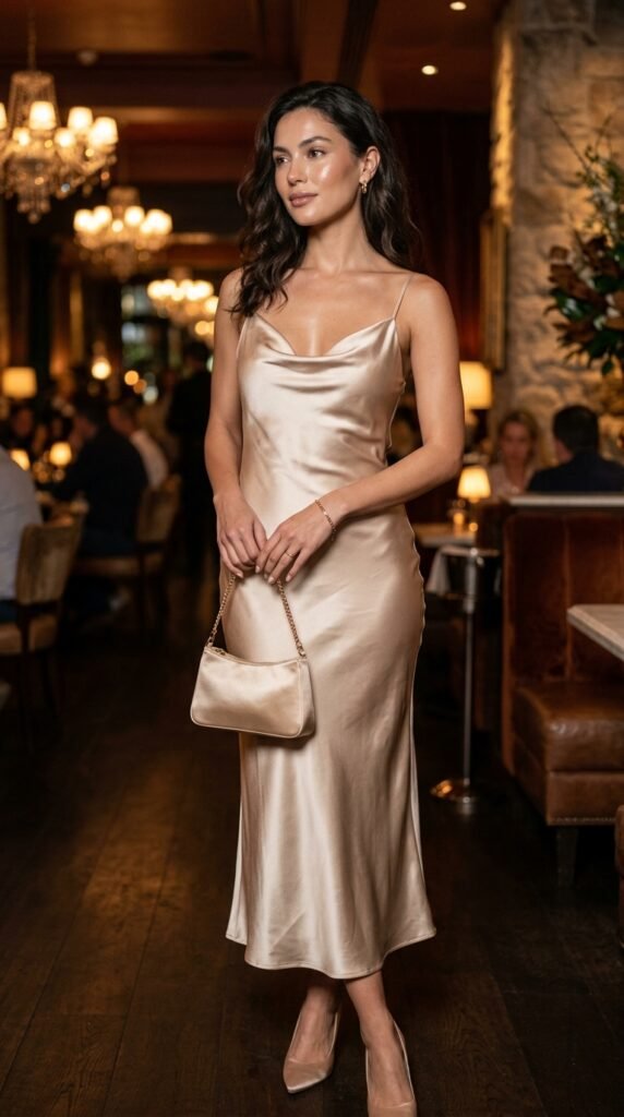 Satin bag paired with a silky slip dress, creating a soft, elegant, and romantic operacore-inspired fashion look