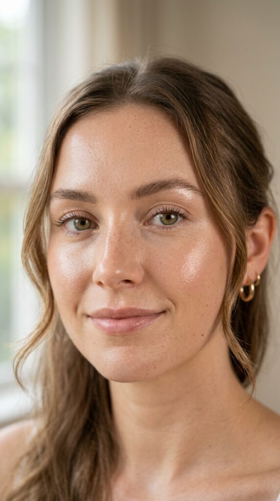Close-up of natural skin with a skin tint, light coverage, dewy glow, and a fresh minimal makeup aesthetic