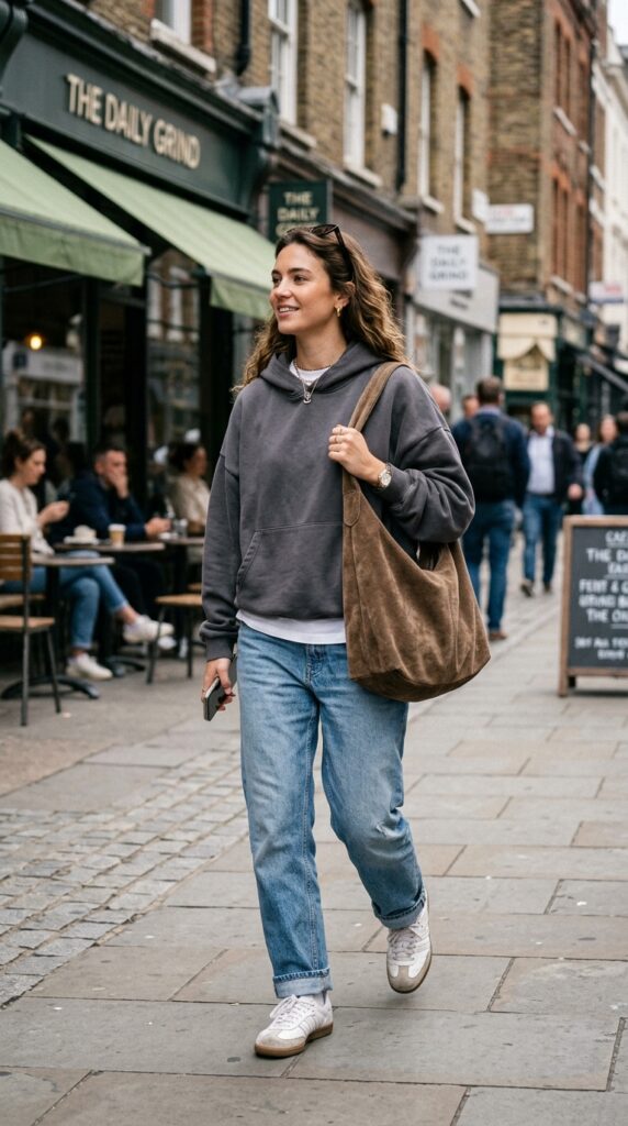 Woman in a casual street style outfit with a slouchy suede bag, relaxed look, urban setting, and a trendy effortless aesthetic