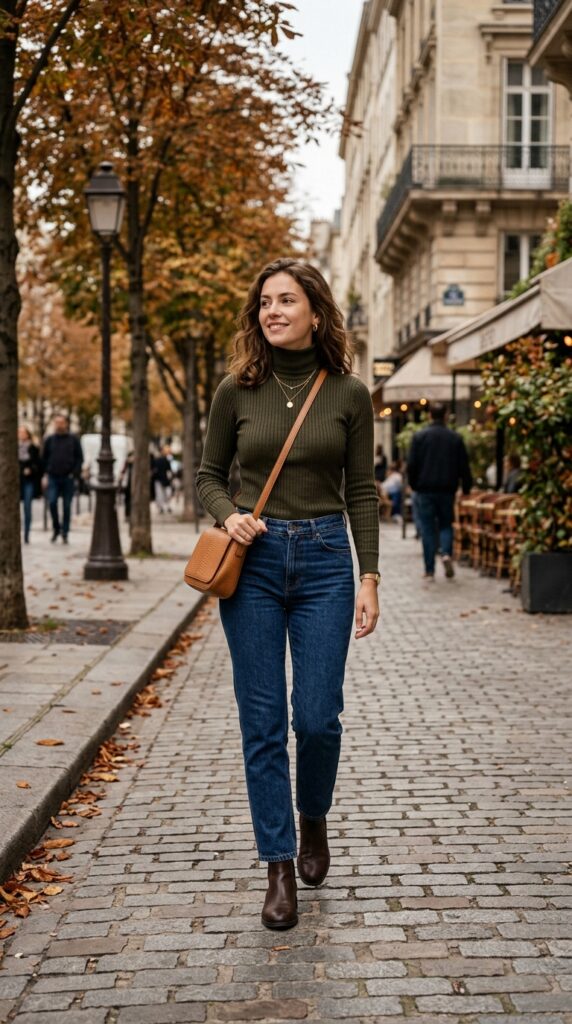 Woman in a turtleneck and jeans outfit, clean winter style, neutral tones, and an effortless casual chic aesthetic