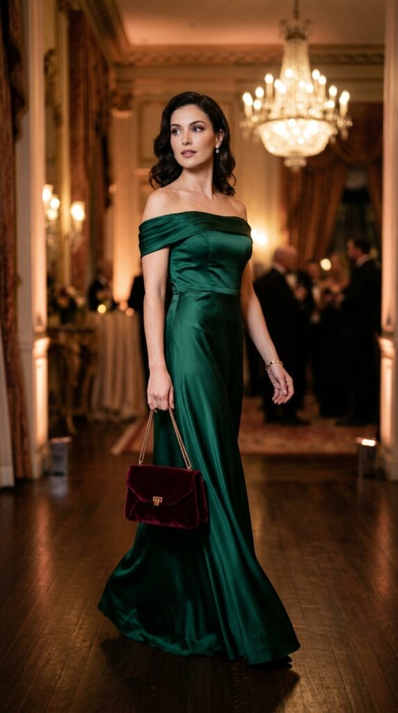 Velvet bag paired with an elegant evening dress, creating a luxurious and sophisticated operacore-inspired fashion look