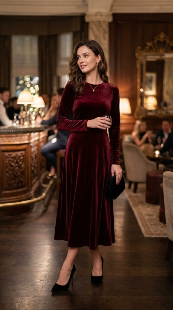 Velvet midi dress outfit in rich tones, creating an elegant, luxurious, and timeless fashion look perfect for evening styling