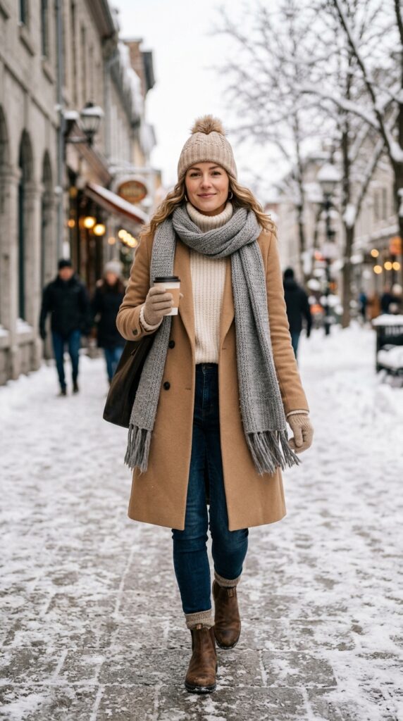 Woman in a layered winter outfit with a cozy scarf, neutral tones, and a warm stylish aesthetic