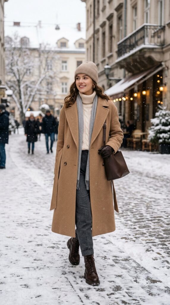 Woman in a long coat with knitwear, cozy winter outfit, neutral tones, and a polished elegant aesthetic