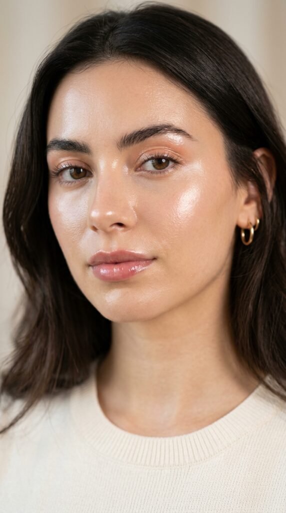 Close-up of ultra-dewy glowing skin with a radiant base, smooth texture, and a fresh glass skin aesthetic