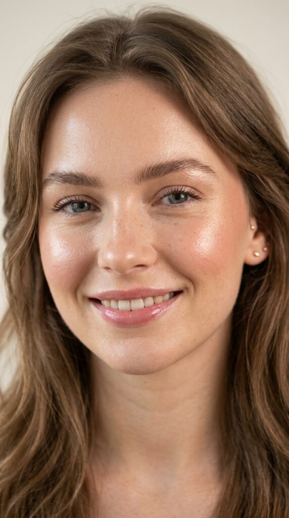 Close-up of dewy glowing skin with natural makeup, radiant finish, and a fresh luminous aesthetic