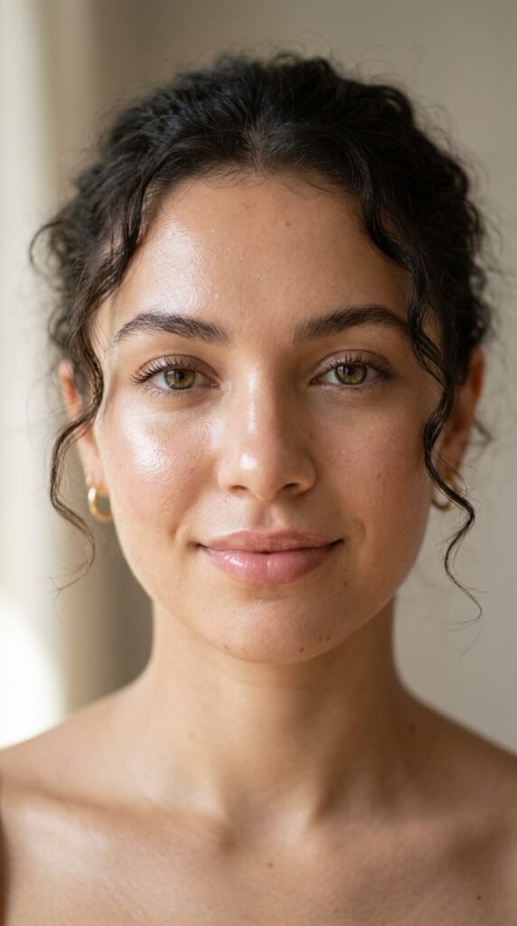 Close-up of liquid highlighter glow with radiant skin, soft reflective shine, and a natural dewy glass skin aesthetic