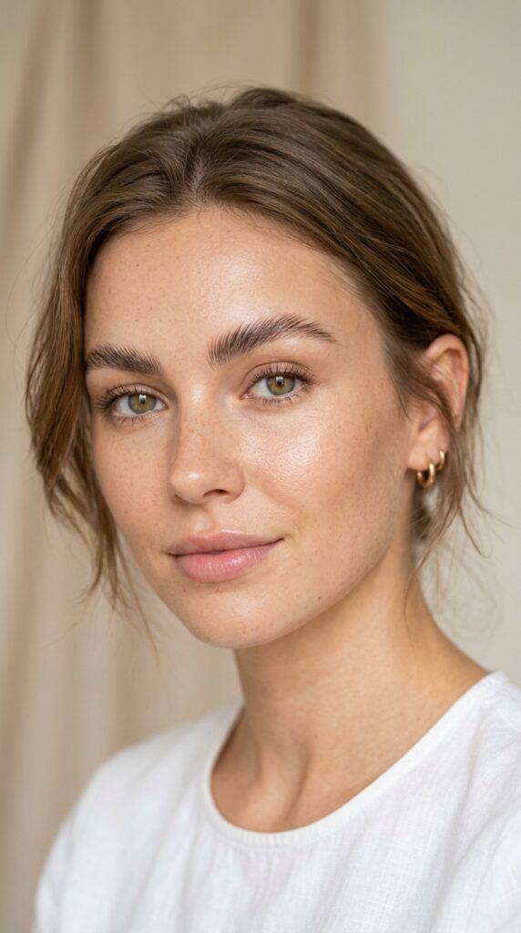 Close-up of soft natural brows, lightly filled and brushed up, with a clean minimal makeup look and a fresh aesthetic