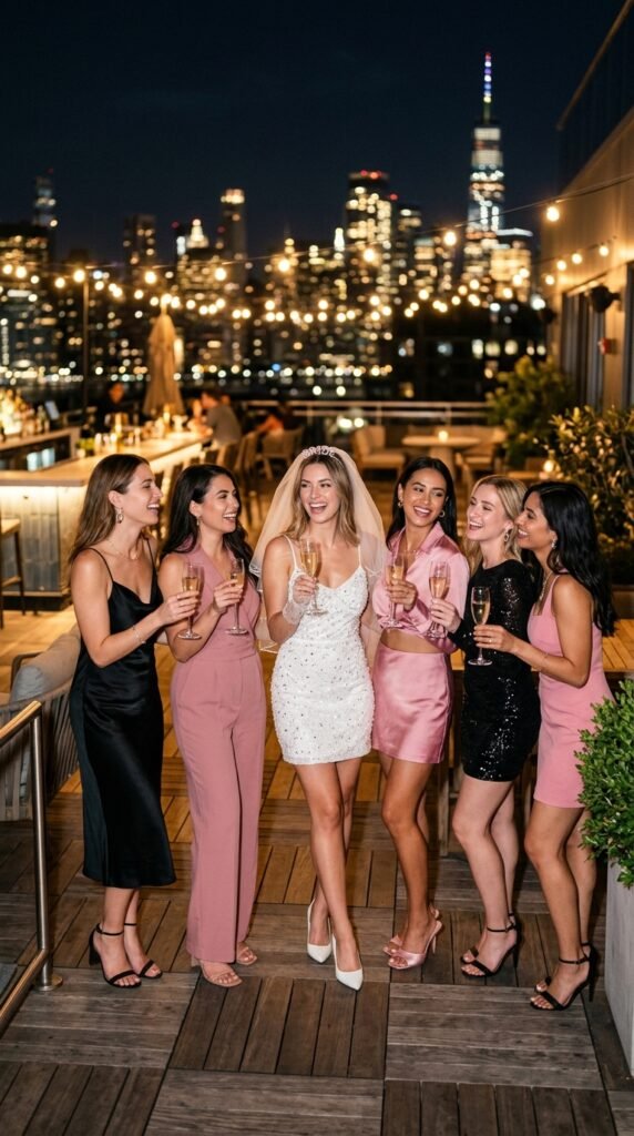 Group of women in matching bachelorette outfits, coordinated colors, stylish party look, and a fun celebratory aesthetic