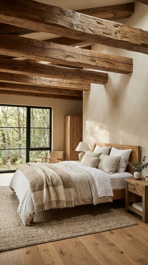 Bedroom with exposed wood beam ceiling, warm natural tones, cozy textures, and soft sunlight creating a rustic modern aesthetic