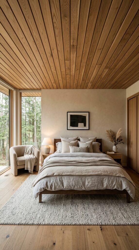 Bedroom with a wooden panel ceiling, warm wood tones, clean lines, soft lighting, and a cozy modern aesthetic