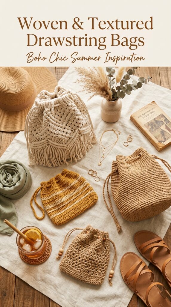 "Collection of woven raffia, crochet, and macramé drawstring bags in cream, tan, and natural fiber tones styled with straw hat, gold jewelry, sandals, pampas grass, and linen accessories on light background, showcasing artisanal boho-chic texture and warm-weather bag inspiration"






