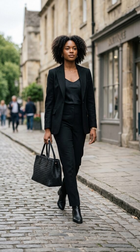Black woven leather tote styled with a modern outfit, creating a sleek, minimalist, and effortlessly chic fashion look