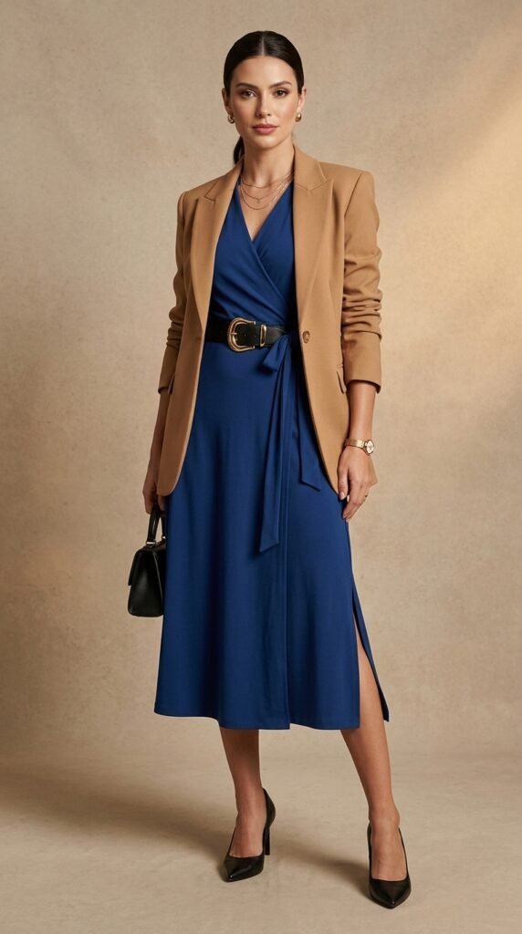 A flattering jewel-tone wrap dress with V-neckline and knee-length silhouette, layered under a structured tailored blazer, cinched with a bold statement belt, styled with pointed-toe heels, a structured handbag, and refined jewelry for a sophisticated and effortlessly elegant elevated look.