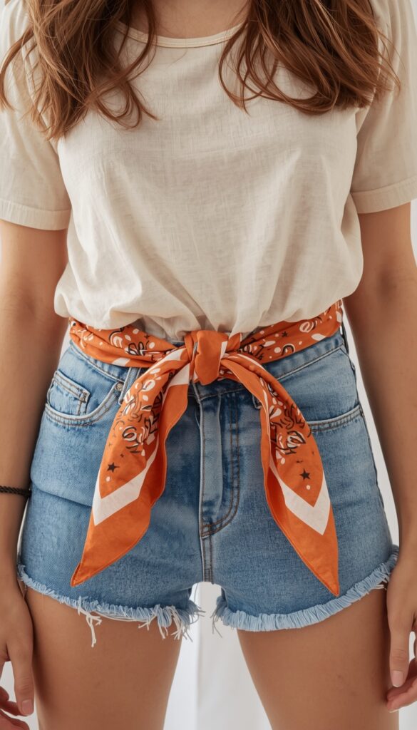 Bandana styled as a belt on denim or skirt, creating a western-inspired, trendy, and effortlessly chic outfit detail