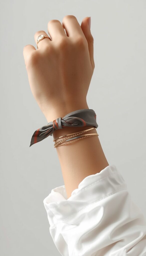 Bandana styled as a bracelet or wrist wrap, creating a minimal, cool, and effortlessly chic accessory detail for modern outfits