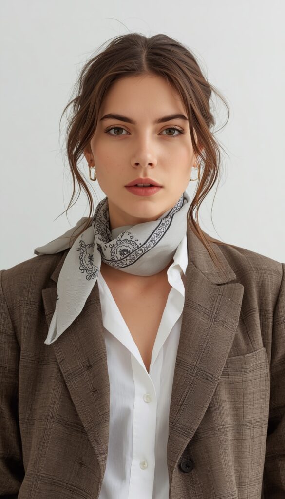 Bandana styled as a neck scarf in French girl style, creating a chic, effortless, and timeless Parisian-inspired outfit look