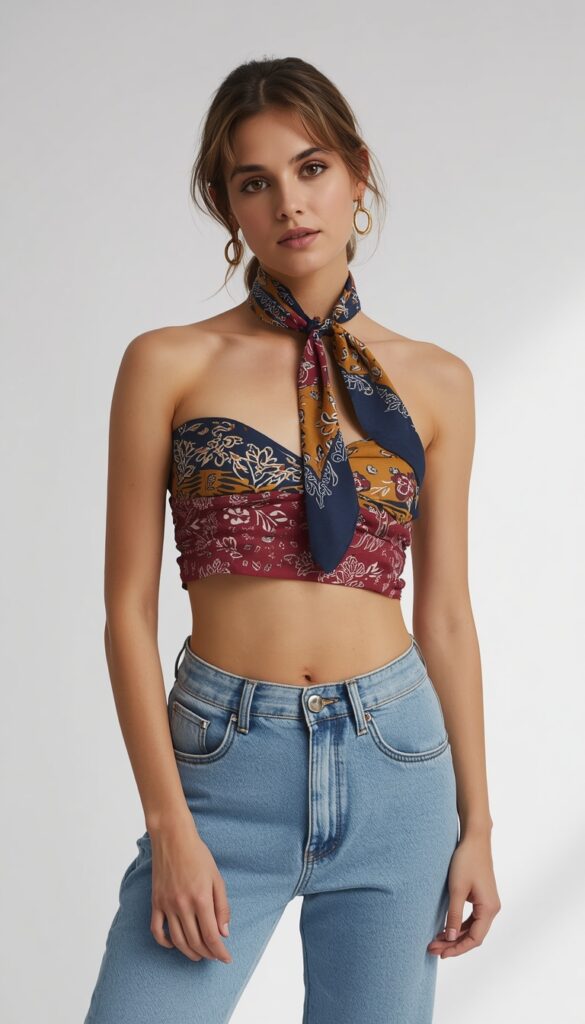 Bandana styled as a top with a bold and trendy summer look, creating a chic, Y2K-inspired outfit that is stylish and easy to wear
