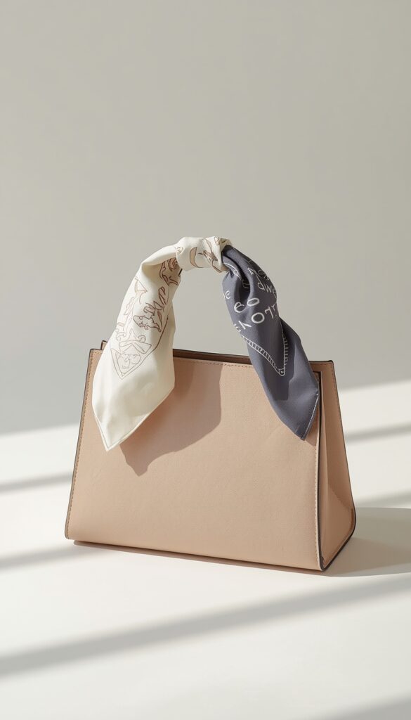Bandana tied on a handbag handle as a stylish accessory upgrade, adding a trendy, effortless, and chic detail to a modern outfit