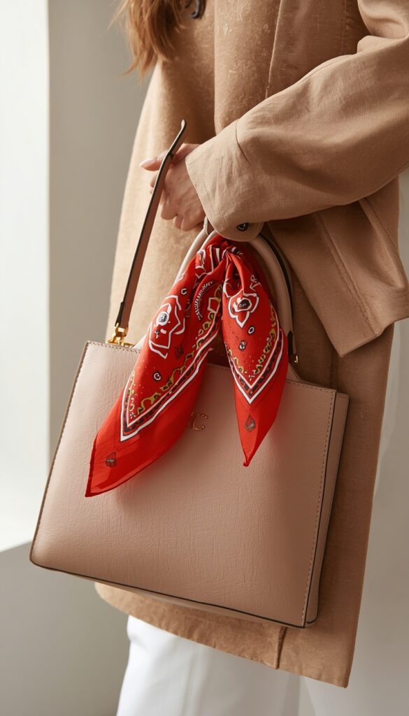 Bandana styled as a bag charm tied to a handbag handle, adding a trendy, colorful, and effortlessly chic accessory detail