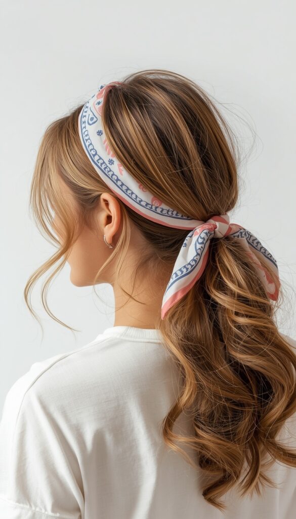 Bandana styled as a hair accessory with a cute and casual look, creating an effortless, playful, and trendy hairstyle perfect for everyday wear