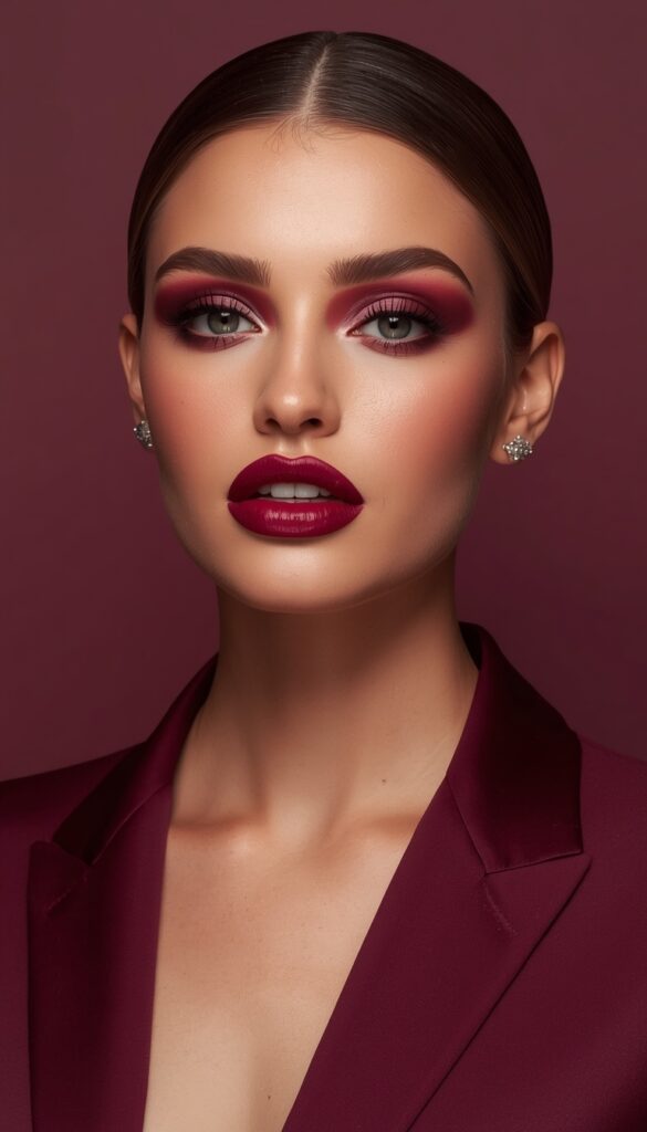 Berry and plum monochromatic look with deep purple tones in makeup and outfit, creating a bold, elegant, and cohesive glam aesthetic