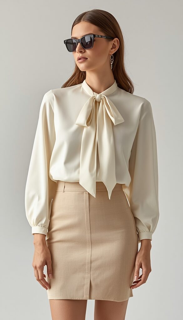 Bow blouse and mini skirt outfit creating a chic, feminine, and elegant look with soft details and modern styling