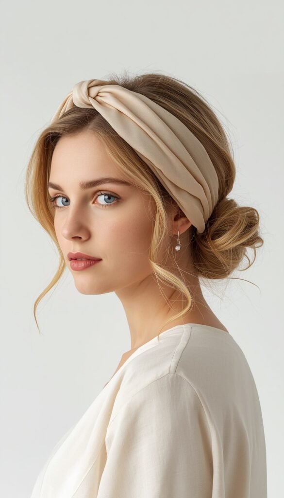Classic head scarf or hair bandana styled in a timeless way, creating a chic, effortless, and vintage-inspired fashion look