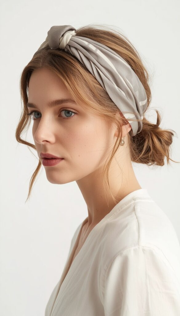 Classic head tie styled with a bandana or scarf, creating a timeless, chic, and effortlessly stylish hair accessory look