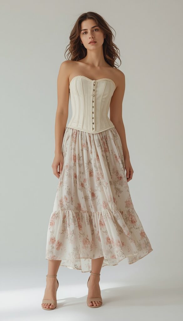 Corset and floral midi skirt outfit creating a romantic, feminine, and elegant look with a blend of structured and flowy styles