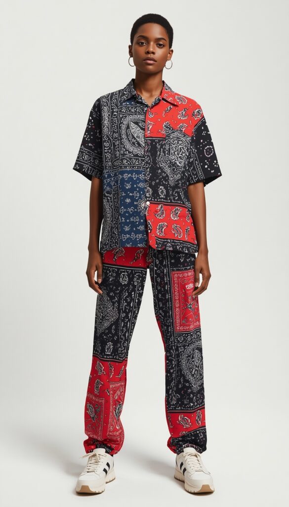 Full bandana-printed outfit with bold patterns and matching pieces, creating a playful, trendy, and eye-catching fashion statement look