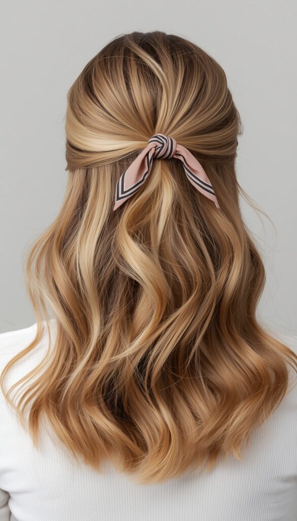 Half-up hair tie hairstyle with soft waves and a stylish scarf or tie, creating a relaxed, trendy, and effortlessly chic look