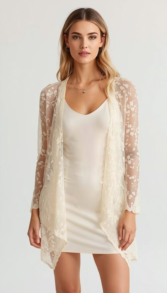 Lace cardigan layering look with a soft feminine style, featuring a delicate sheer layer that adds elegance and texture to a chic outfit