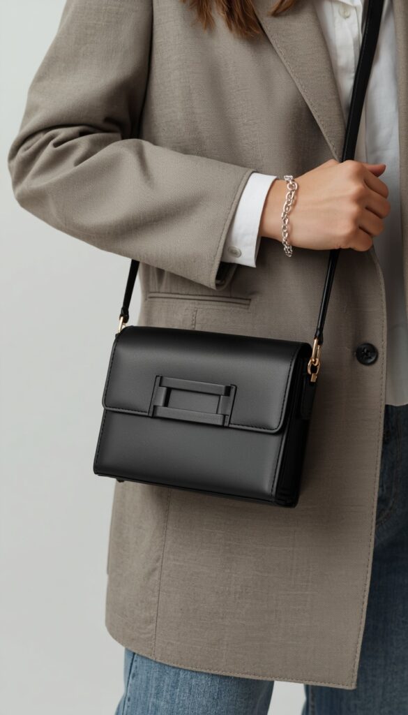 Mini buckle crossbody bag with a sleek compact design and modern buckle detail, creating a chic, minimal, and stylish everyday accessory look