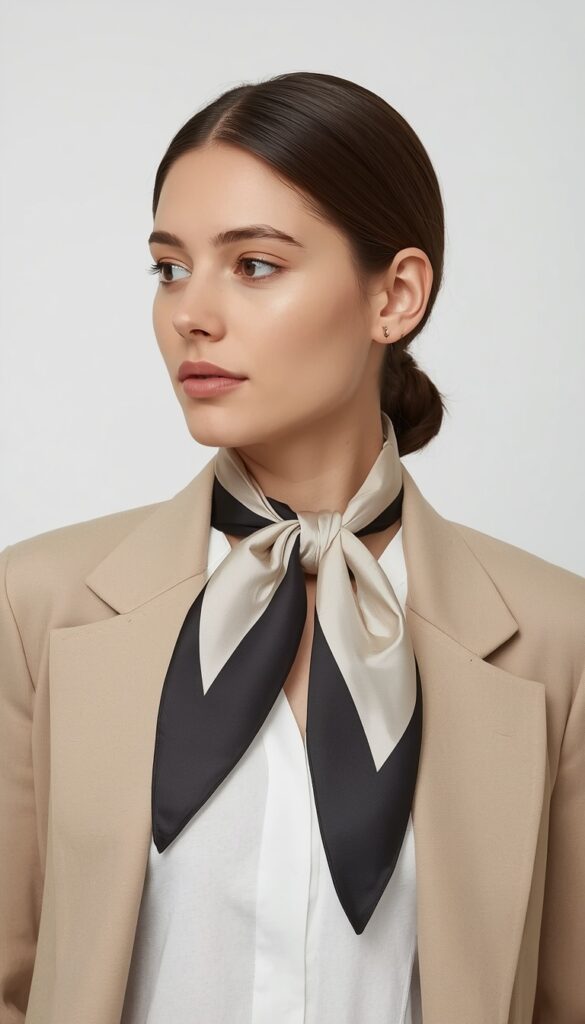 Neck scarf styled in French girl style with a silk scarf tied elegantly, creating a chic, effortless, and timeless Parisian-inspired look