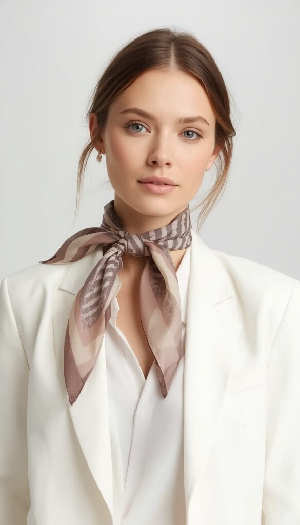 Neck scarf or neckerchief style tied elegantly around the neck, creating a chic, minimal, and effortlessly stylish fashion look