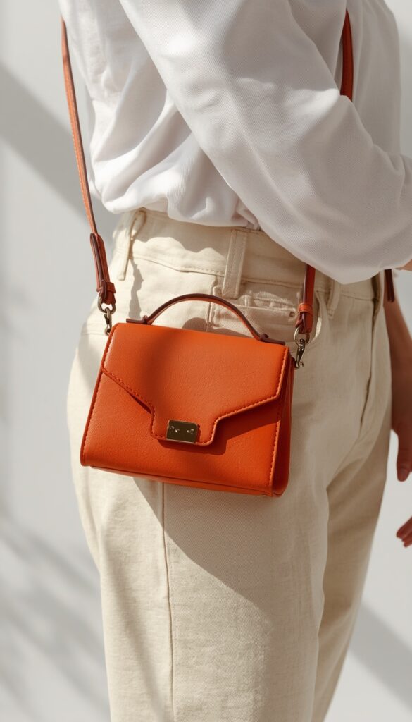 Persimmon mini crossbody bag in a rich orange tone styled with a minimal outfit, creating a bold, modern, and effortlessly chic accessory look