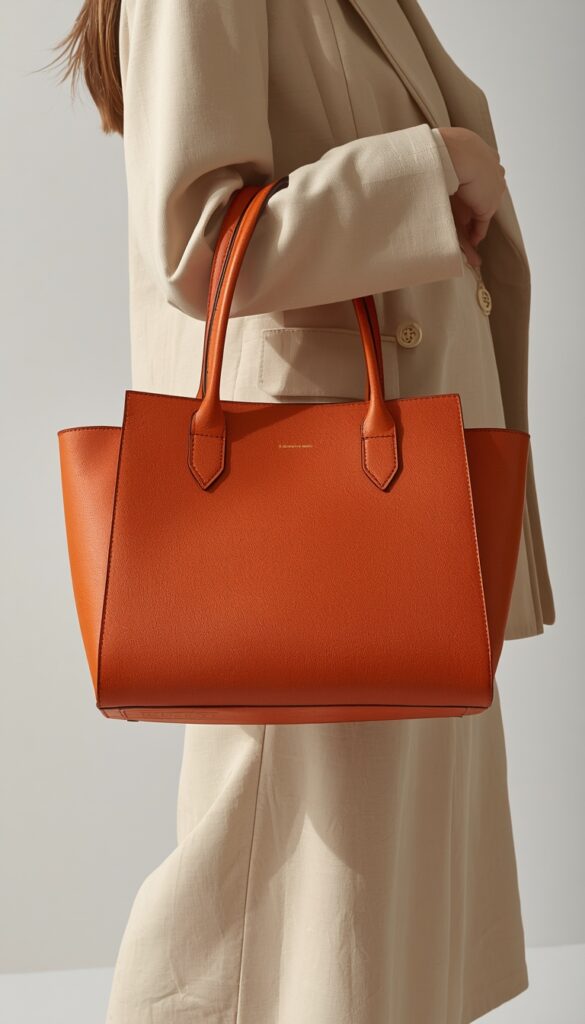 Persimmon structured tote bag in a rich orange tone styled with a neutral outfit, creating a bold, modern, and elegant fashion statement