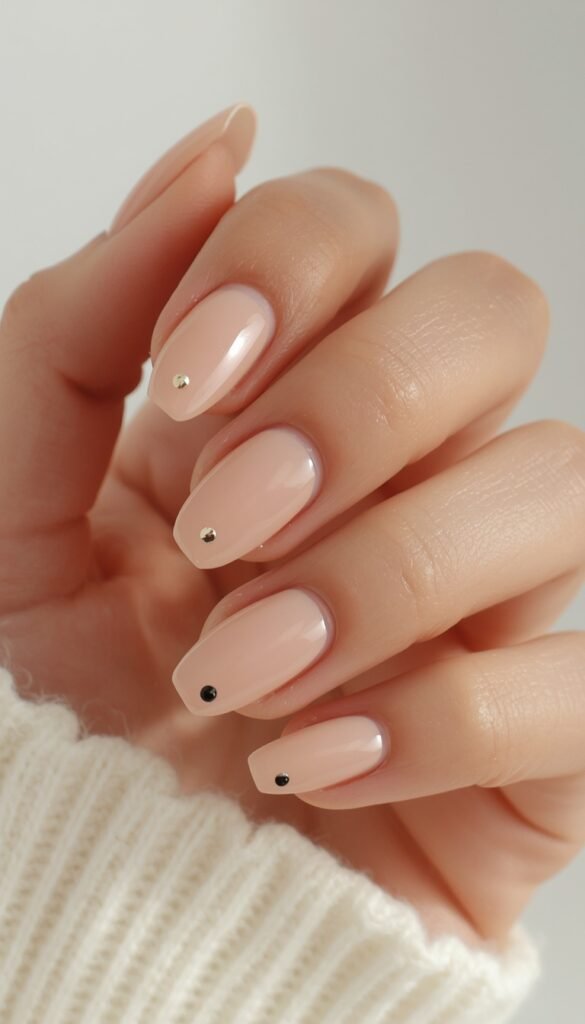 Single dot nail design with a minimalist nude base and tiny accent dot, creating a clean, modern, and effortlessly elegant manicure look