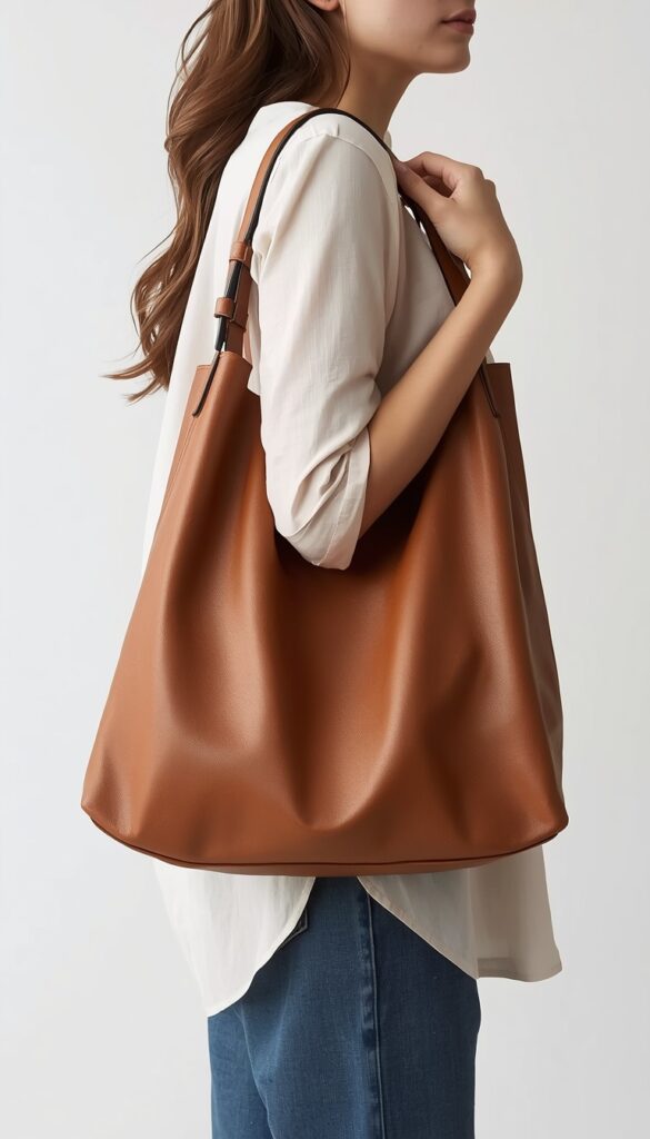 Slouchy leather hobo bag with buckle detail, featuring a relaxed silhouette and modern chic style for an effortless everyday fashion look