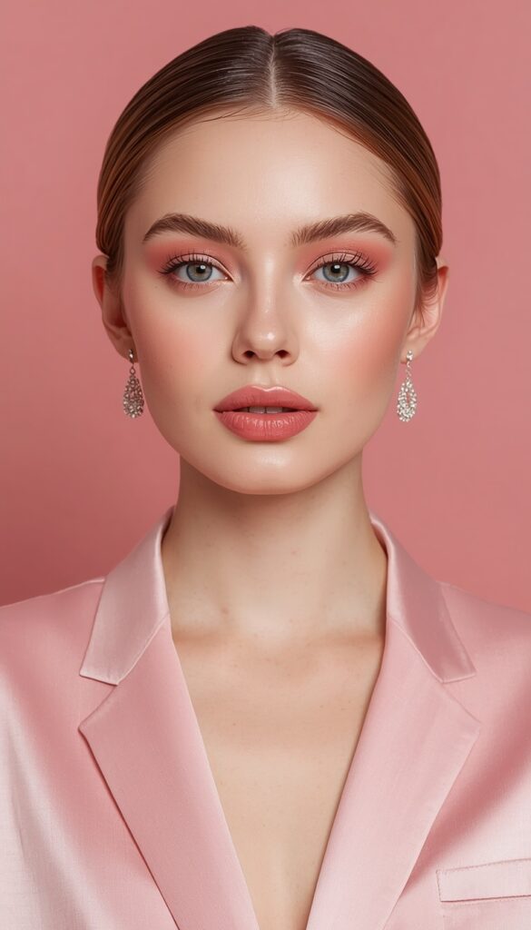 Soft blush pink monochromatic look with matching makeup and outfit, creating a feminine, elegant, and cohesive pastel aesthetic