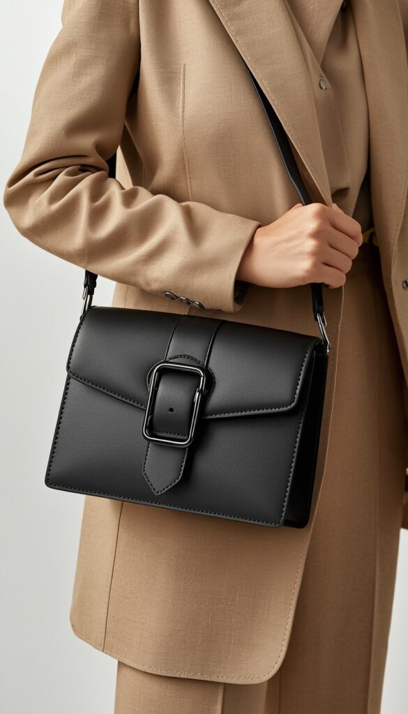 Structured rectangular buckle bag with a sleek modern design, featuring clean lines and a bold buckle detail for a chic and minimalist fashion look