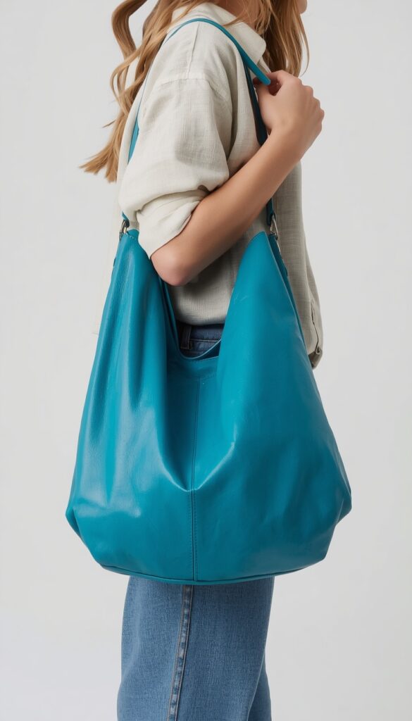 Turquoise slouchy leather hobo bag styled with a casual outfit, creating a relaxed, modern, and effortlessly chic fashion look