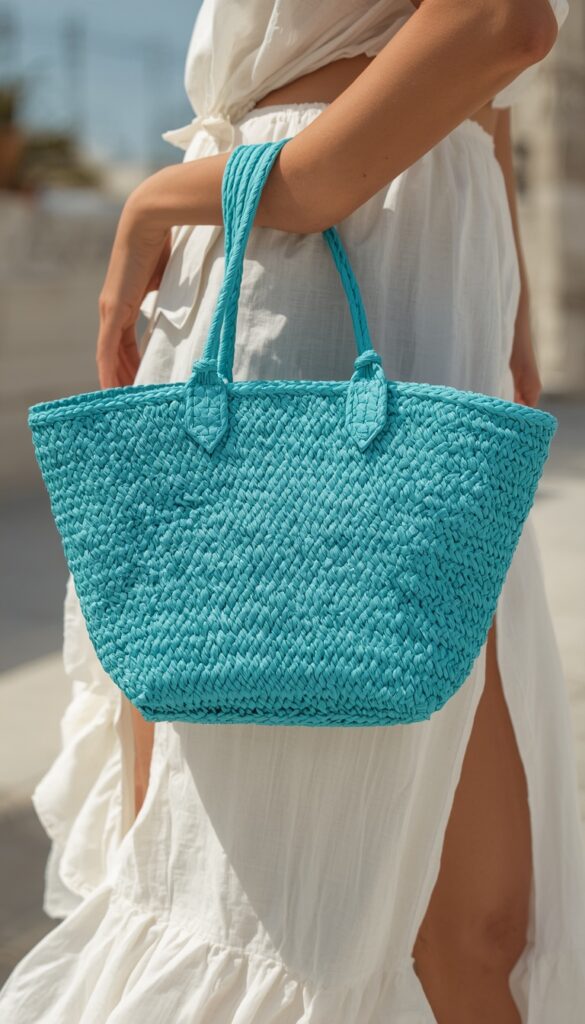 Turquoise woven basket bag styled with a summer outfit, creating a bright, fresh, and effortlessly chic beach-inspired fashion look