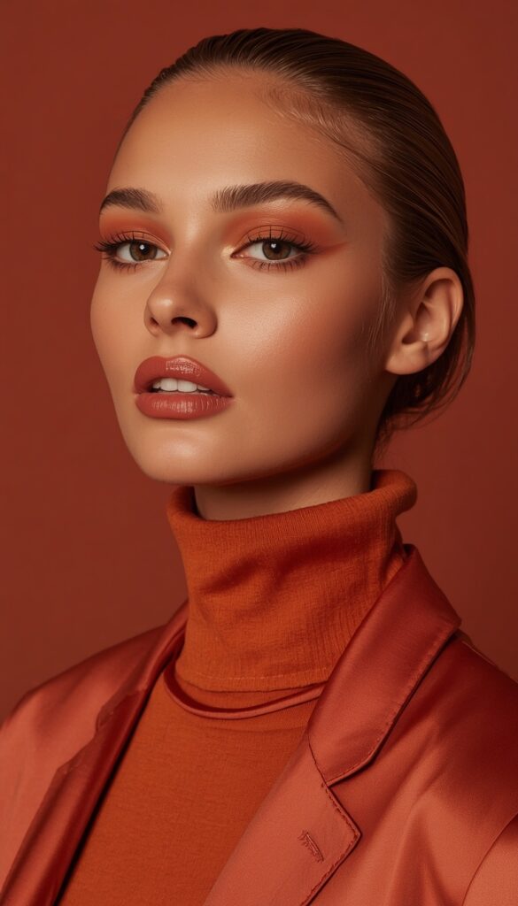 Warm terracotta monochromatic look with earthy tones in makeup and outfit, creating a rich, modern, and effortlessly stylish aesthetic
