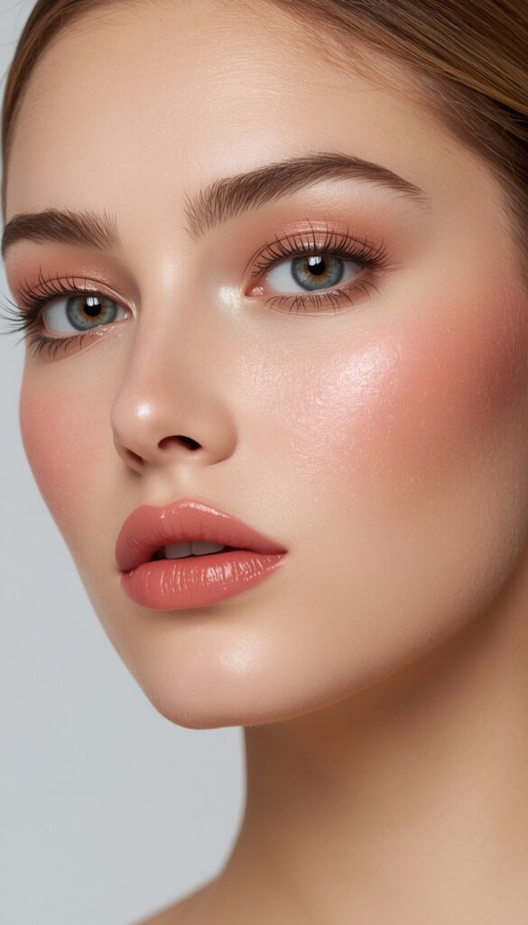 Watercolor blush makeup with soft blended pink and peach tones, creating a dreamy, feminine, and naturally radiant beauty look