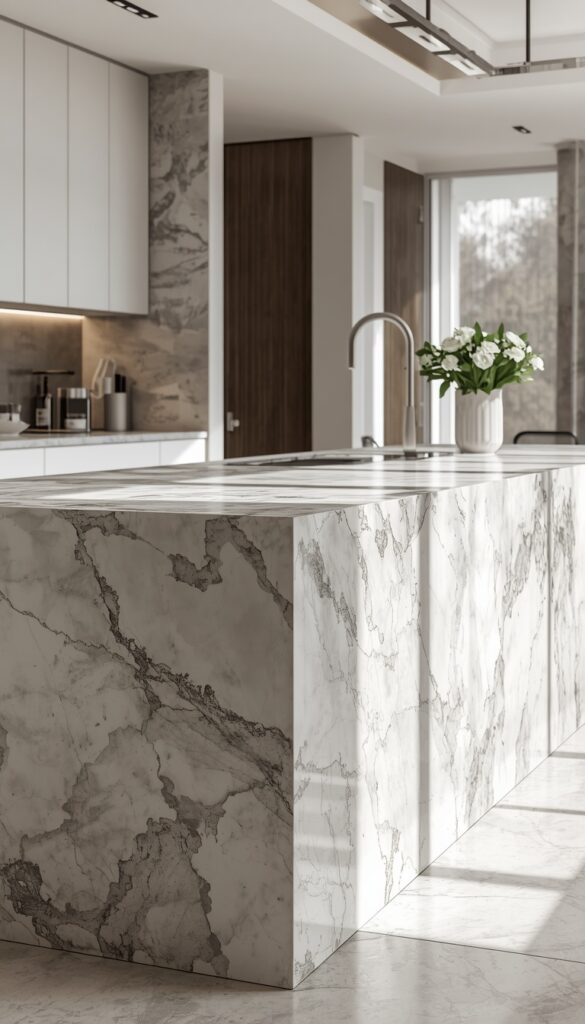 Waterfall kitchen island with seamless marble countertop edges, creating a luxurious, modern, and elegant statement in a high-end kitchen design