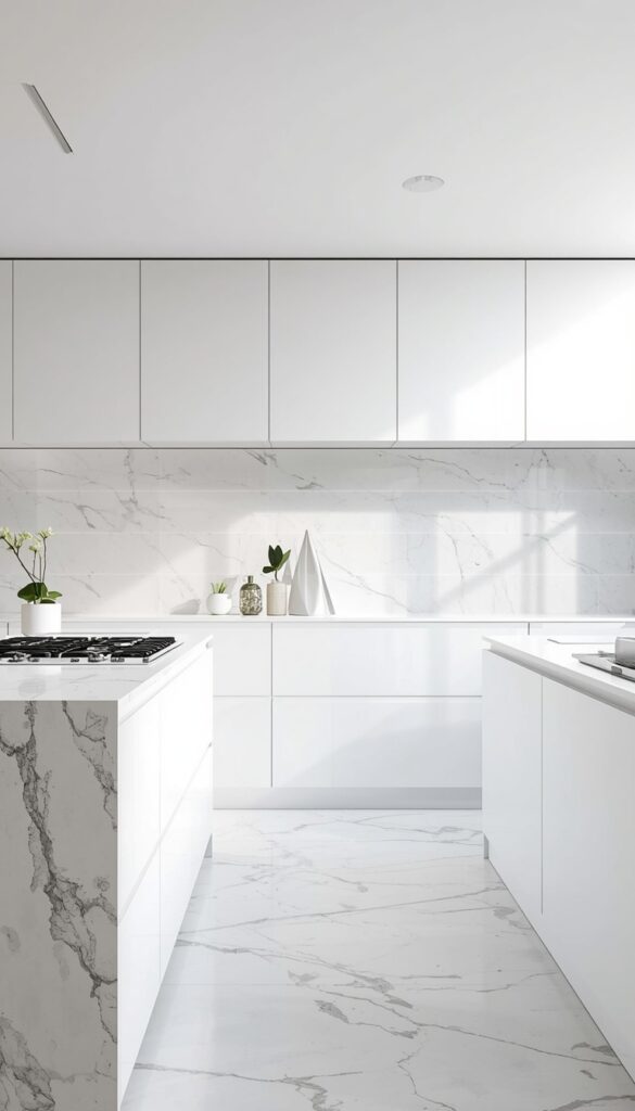 All-white modern kitchen with clean cabinetry and bright natural light, creating a timeless, minimalist, and elegant interior design look